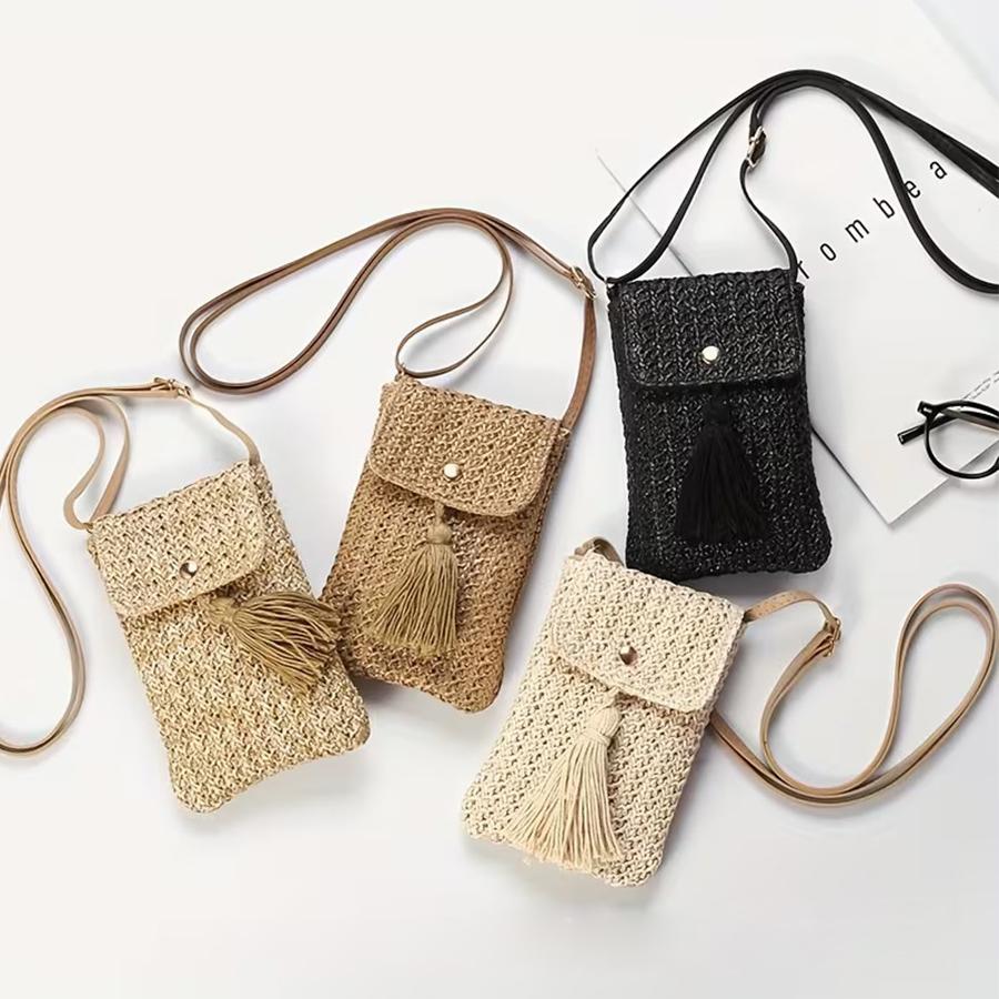 Straw Beach Bag Women Holiday Mobile Phe Shouder Bag Summer Tassel Mini Crossbody Bag for Lady Gril Travel Bohemian Style Sac