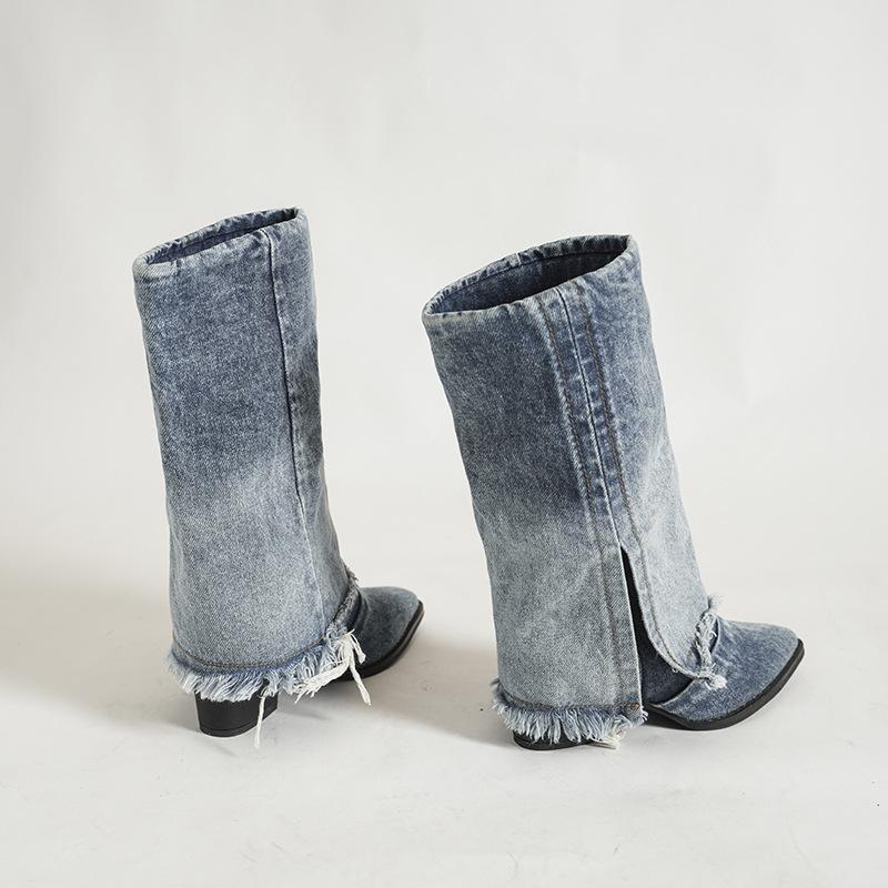 Autumn Denim Pleated Fringed Pointed High Heels Western Boots Low Tube Thin Trouser Tube Boots Short Boots Women