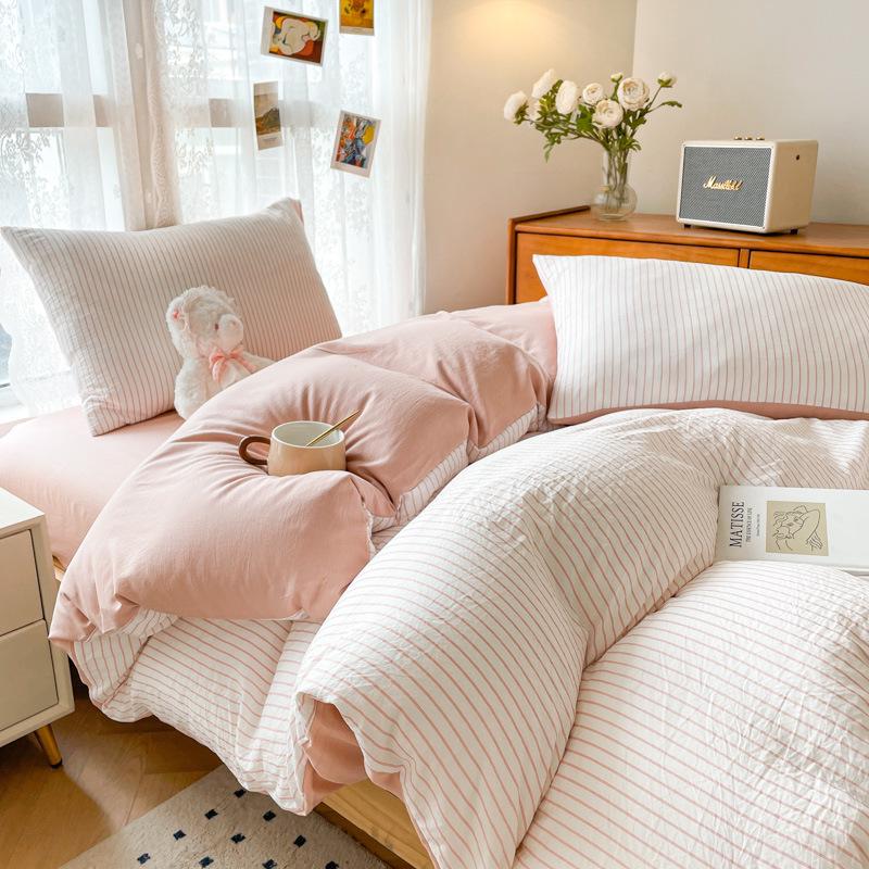 Minimalist Washed Cotton Bedding Set: Three-Piece for Dorm Beds, Includes Sheet, Duvet Cover, and Four Pillowcases