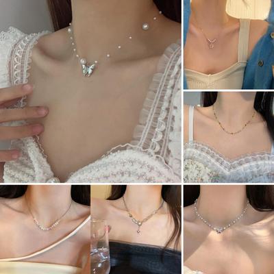 Elegant Women Faux Butterflies Colorful Shape Beads Necklace Pearls Pendant Choker Necklace Jewelry Gift