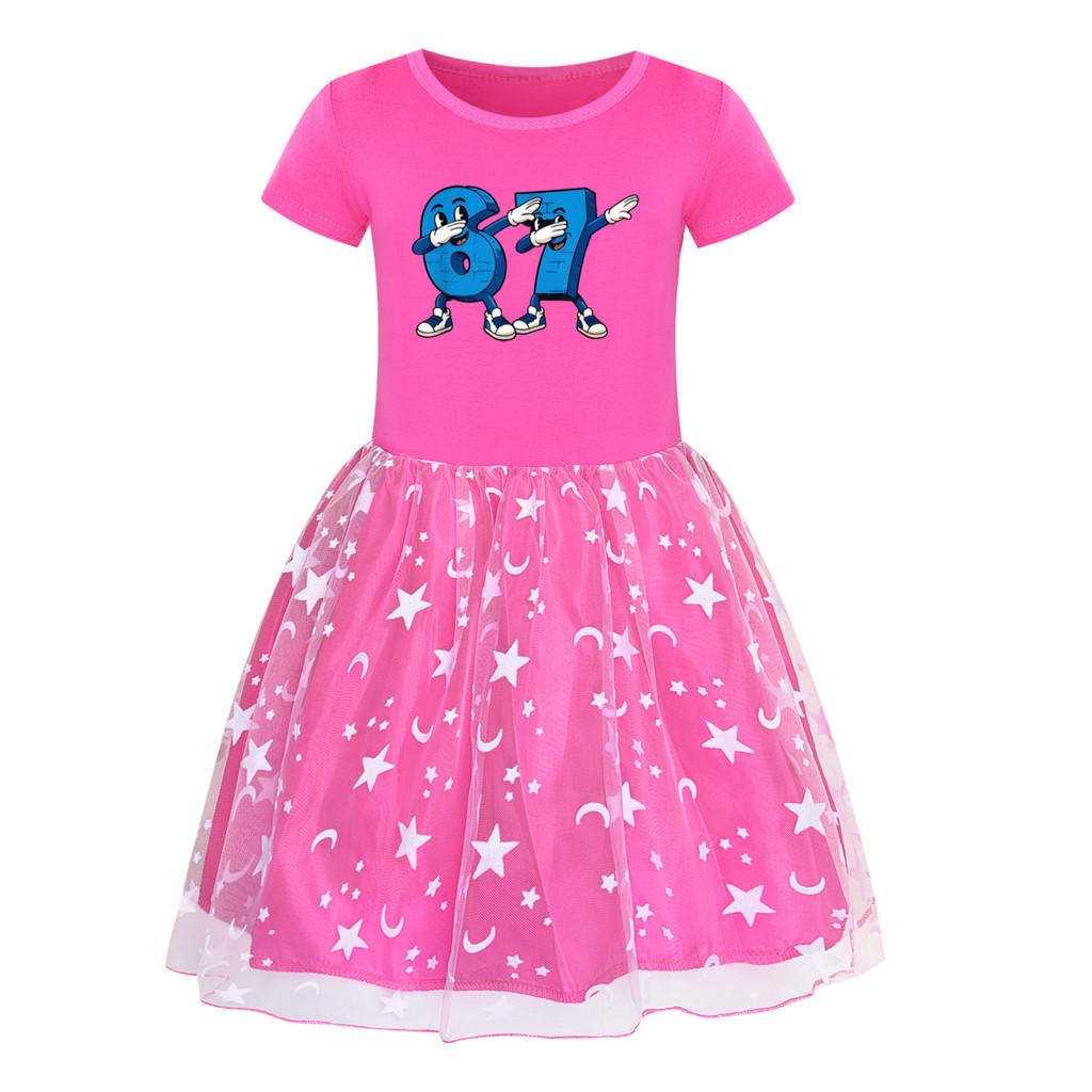 5226 Kids Girls Steal a Brainrot 67 Six Seven Print Mesh Rainbow Round Neck Casual Casual Cotton Dress