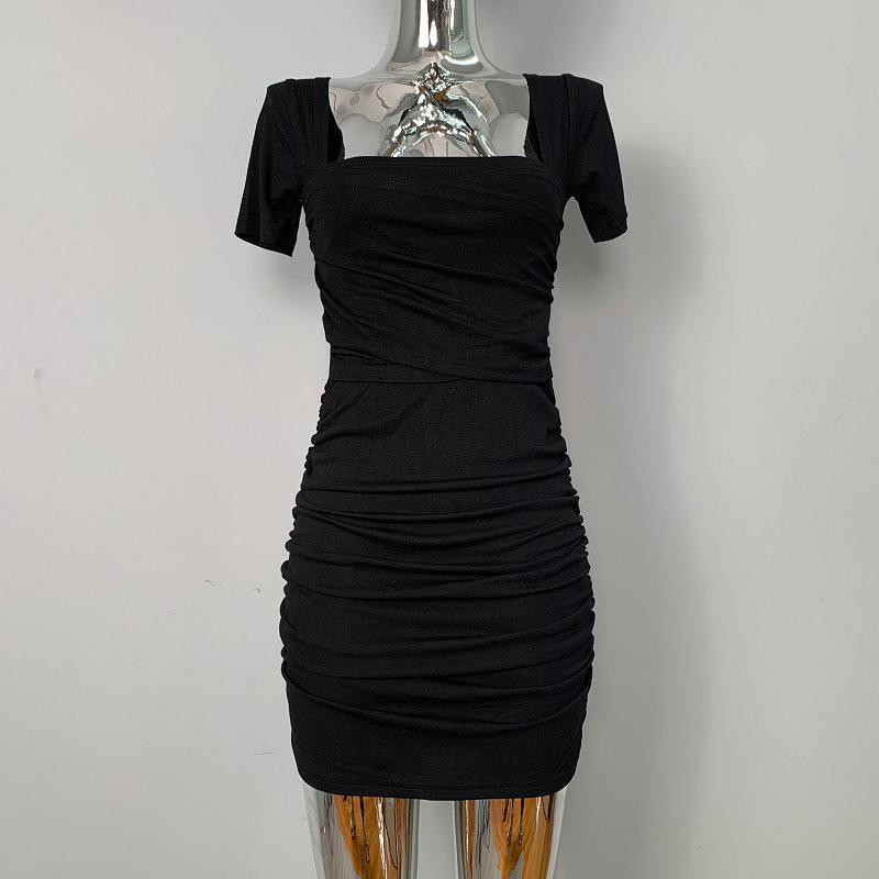 Korean Slim-Fit Square Neck Ruched Bodycon Dress One Size