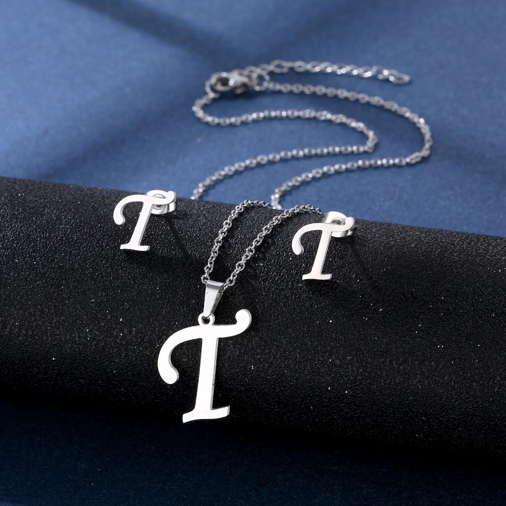 Fashion Alphabet Necklace And Earrings Set Shiny Colorfast Pendant Choker Jewelry