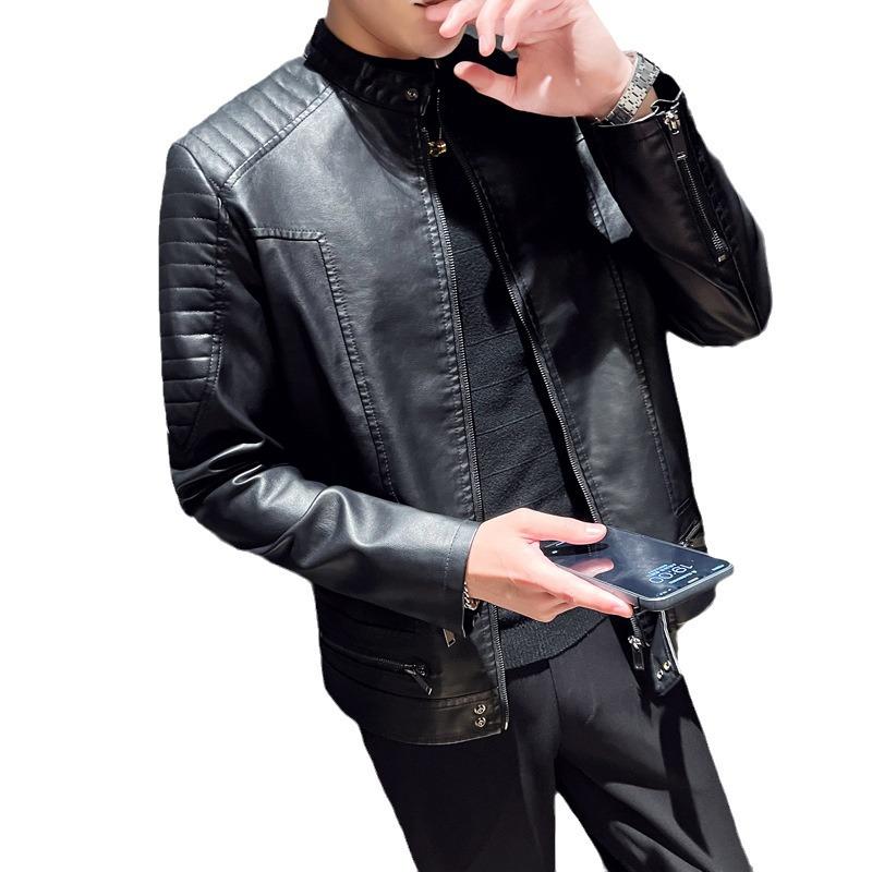 Men's Autumn Winter PU Leather Flight Jacket - Stand Collar, Casual, Trendy Motorcycle Outerwear, Plus Size Available.