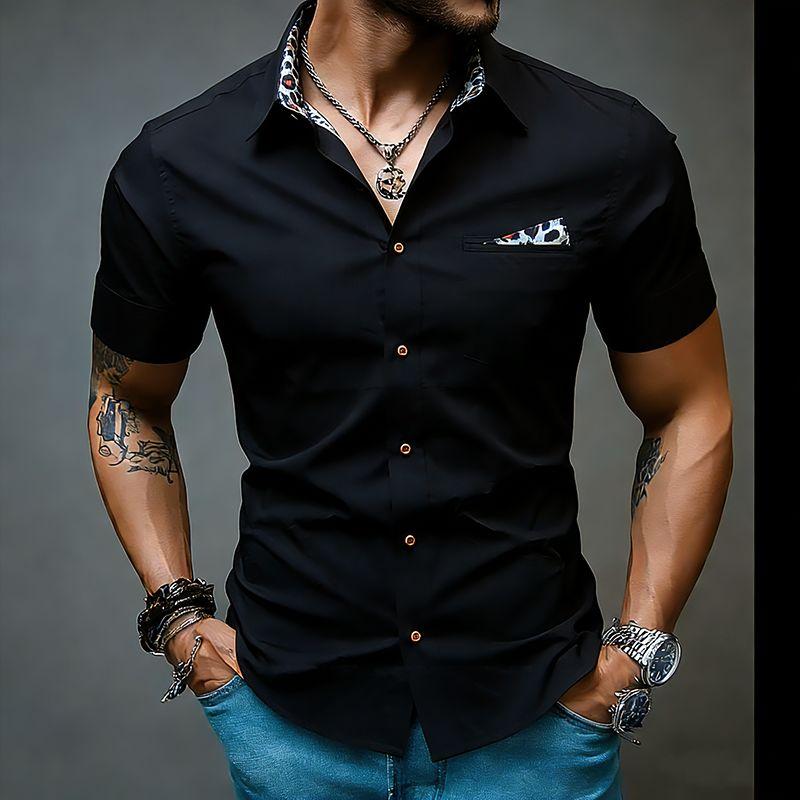 

Summer Men s Leopard Patchwork Short Sleeve Shirt Casual Daily Basic Shirts Fashion Contrast Color Office Business Work Tops L чёрный