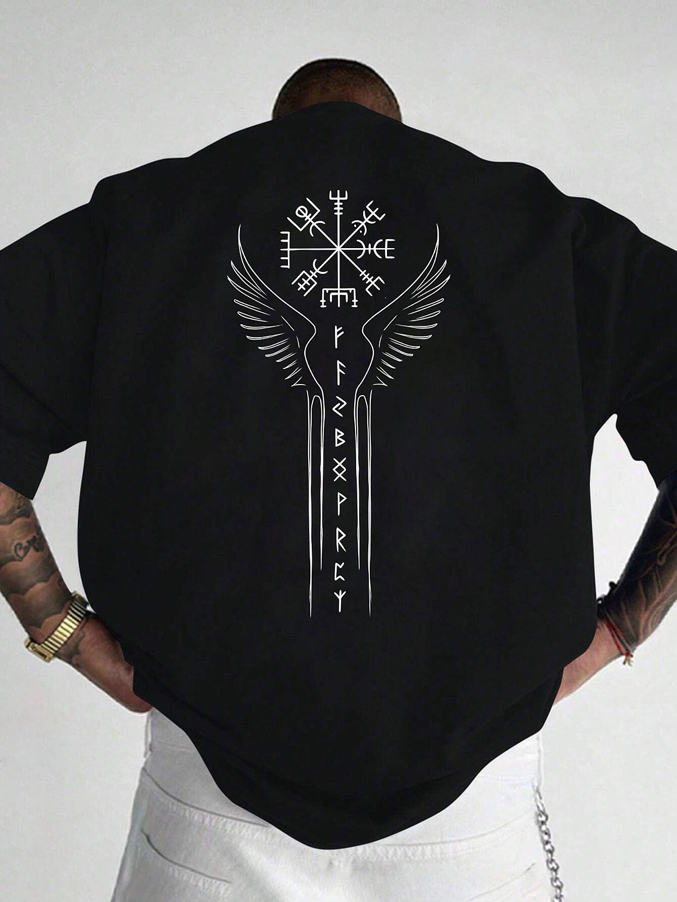 Men s Viking Norse Rune & Rune Wing T-Shirt - Breathable Black & White Viking Design XXXXL