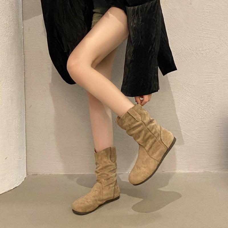 Soft-soled inner height-increasing short boots women's western boots spring slimming one-pedal round-head stacking boots retro Martin boots