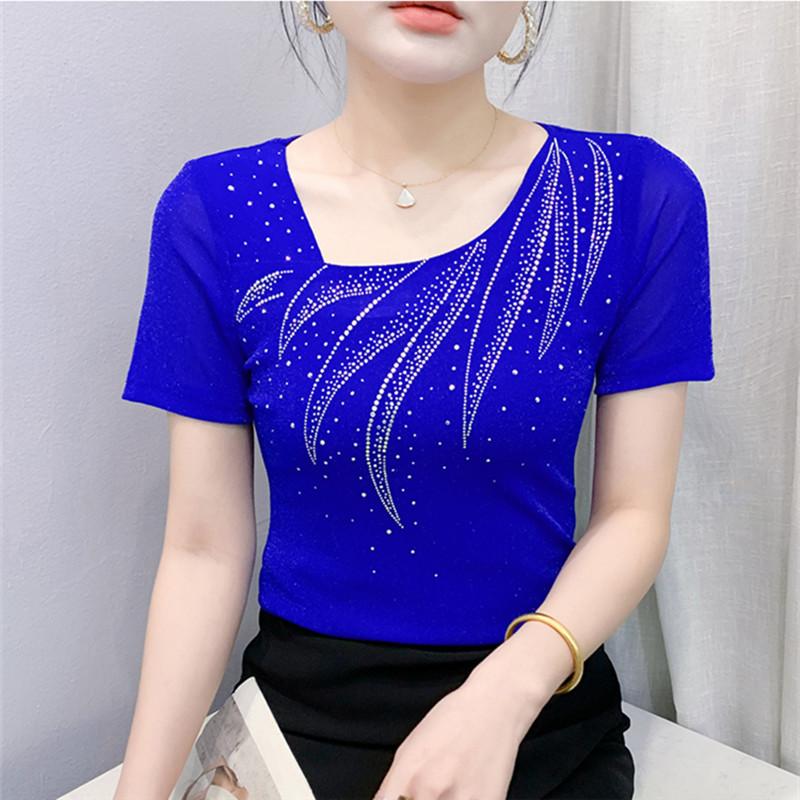 New Summer Women's T-shirt Sexy Skew Collar Shiny Diamonds Tees Fashion Female Short Sleeves Slim Mesh Tops Blouse