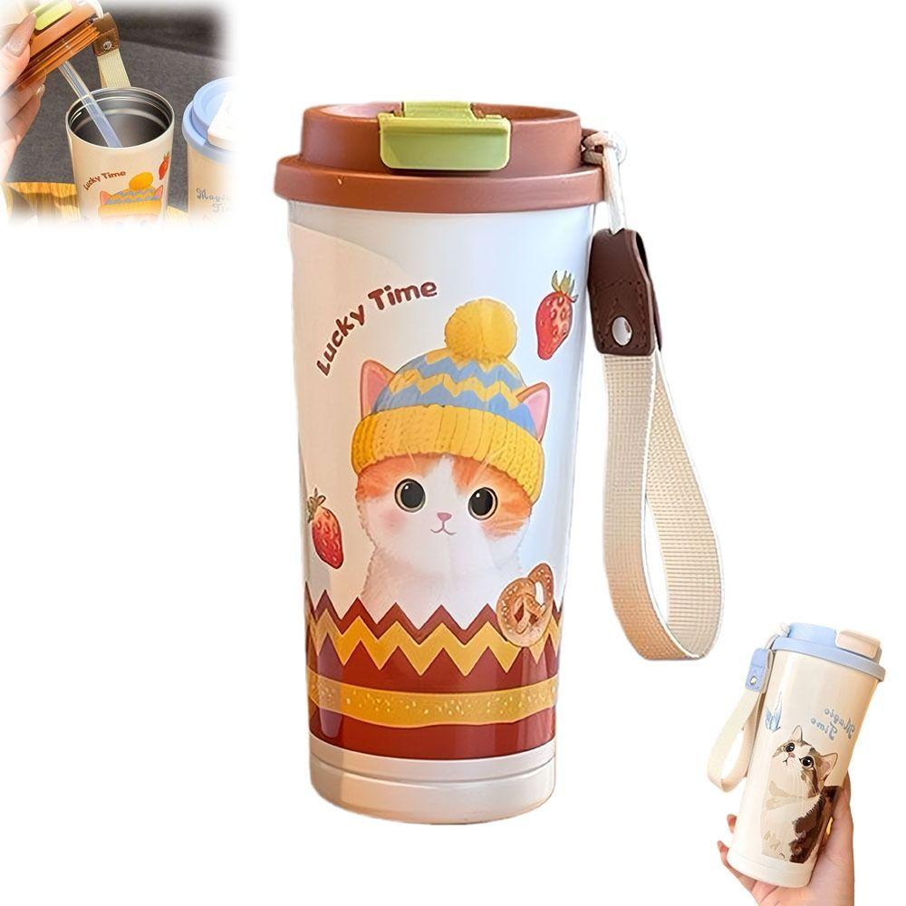 Portable 520ml Vacuum Cup Insulation Or Cooling Large Capacity Insulated Cup Cute Cat Thermal Water Bottle for Office Workers
