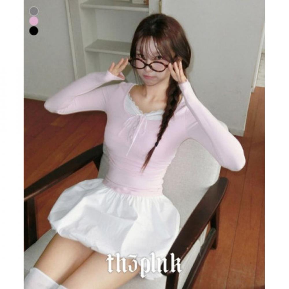 The Pink Slim Fit Ribbon Lace Side Shirring Long Sleeve Tee