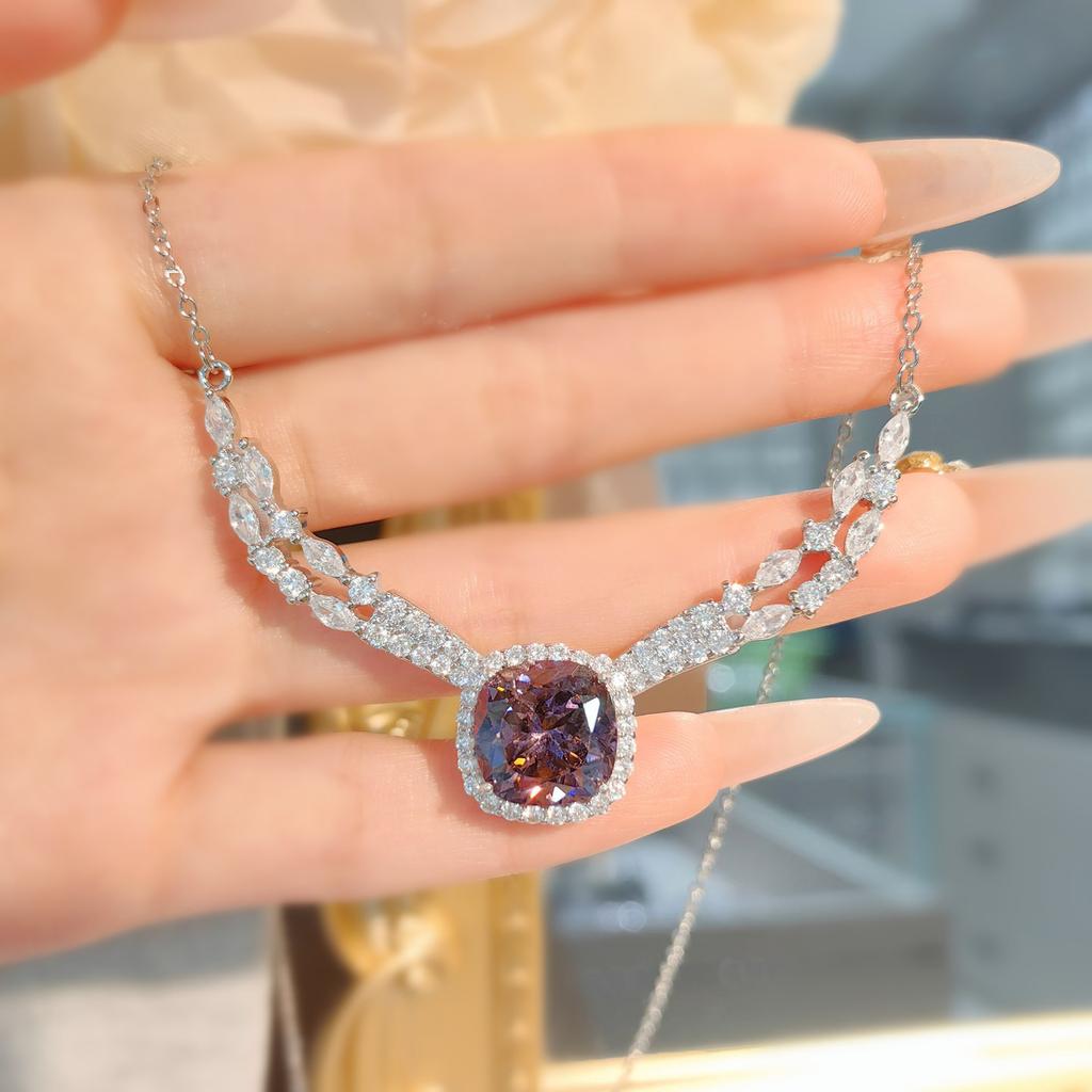 Seiko Luxury Princess Square Diamond Dry Rose Angel Wings Necklace Set Simulation Alexandrite Ring Women