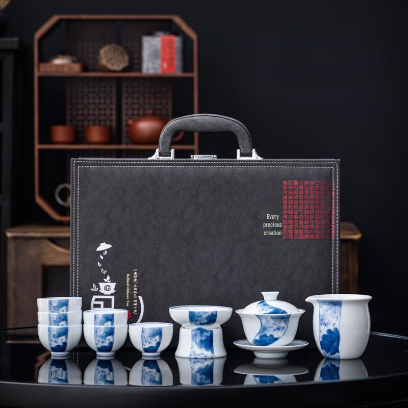 ZISIZ DongShengDa 10-Piece Hand-Painted Suet Jade Porcelain Tea Set