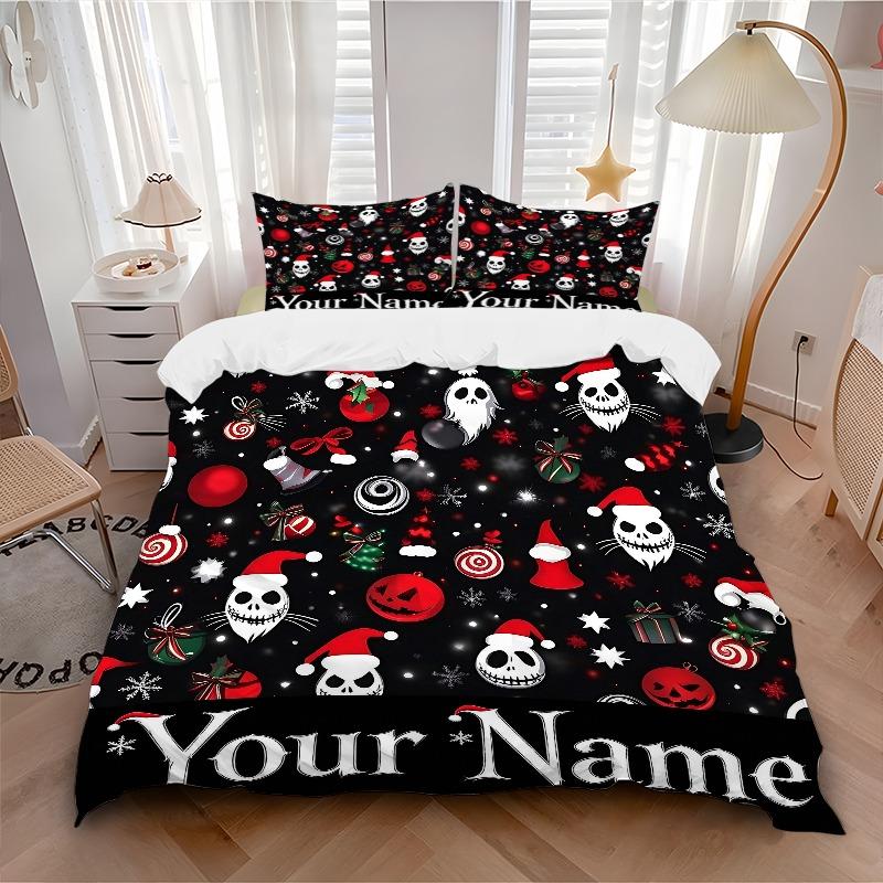 Spooky Christmas Skull Print Bedding Set Personalized Washable Custom 3Pcs Duvet Cover Pillowcases Soft Microfiber Home Bedroom Gift