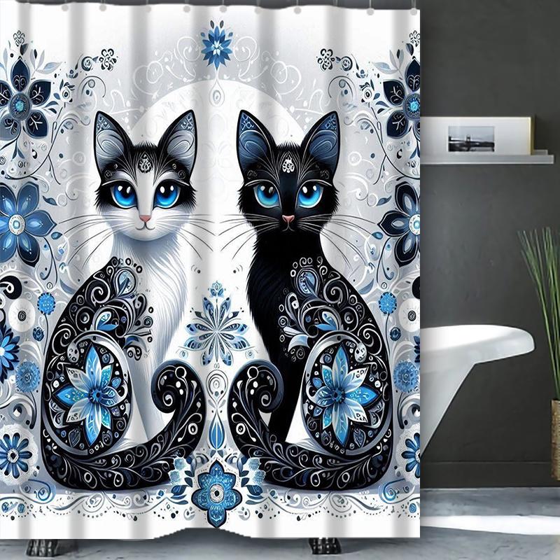 Cartoon Lovely Cat Pattern Bathing Curtain  Bathroom Letters Shower Curtain Waterproof With 12 Hooks Fishes Home Deco Free Ship
