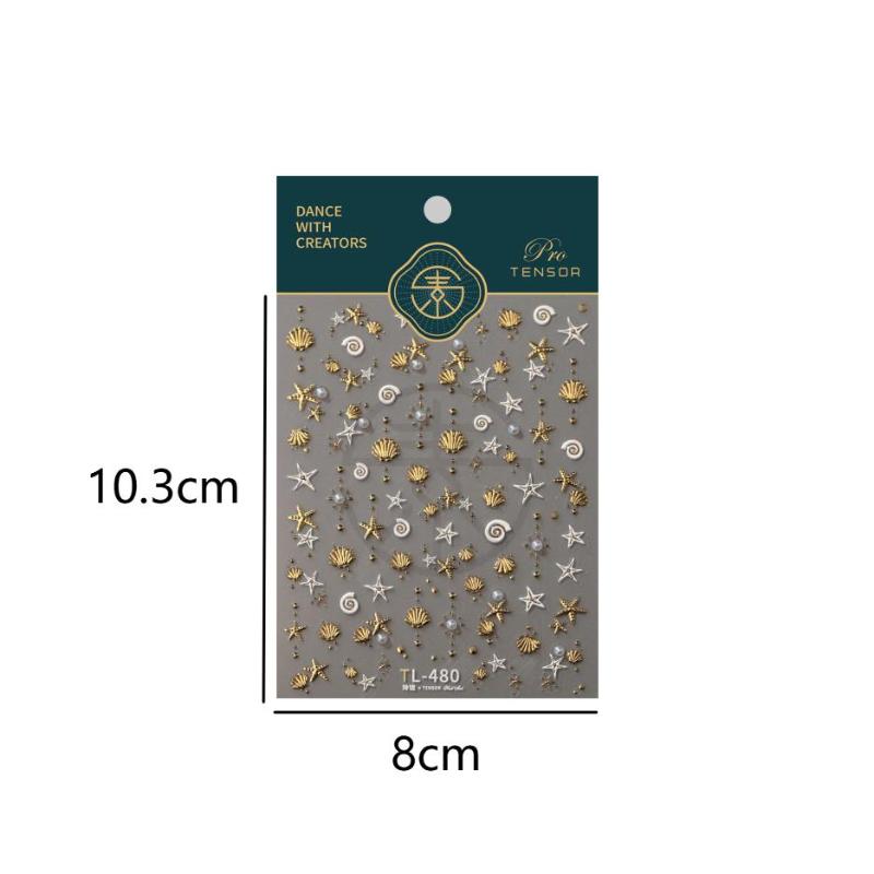 Gold Stamped Shell Conch Scallop Starfish Pearl 5D Embossed Self Adhesive Nail Art Stickers Delicate Ocean Style Manicure Decals