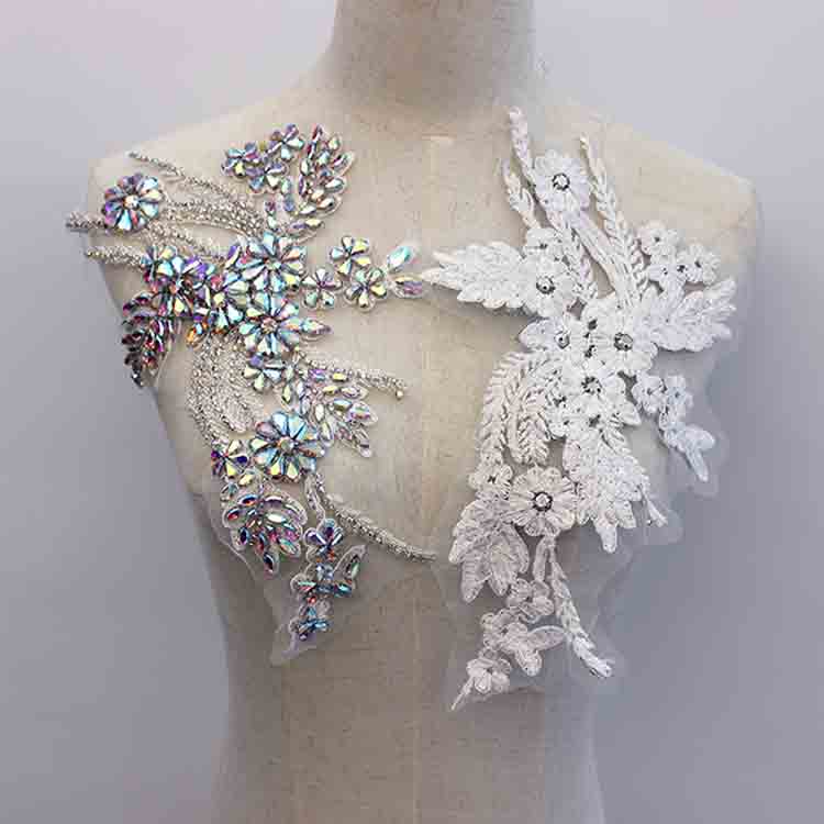Luxury 3D Embroidered Crystal Rhinestone Wedding Patches Sew-On Flower Shape Decorations for Clothes Twill Fabric