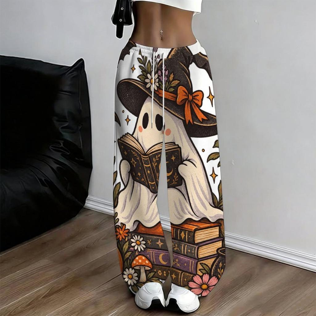 Women Plus Size Loose Straight Leg Pants Halloween Cartoon Duck Printed Full Length Casual Trousers
