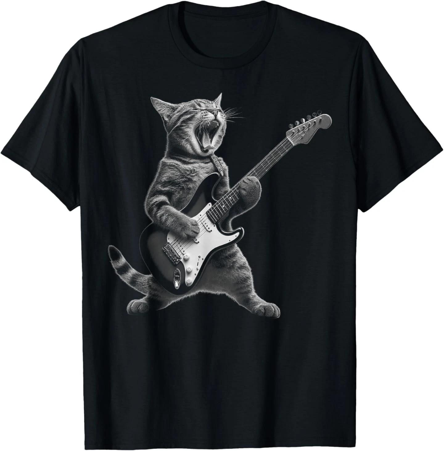 Funny Cat Playing Guitar Rock and Roll Gifts Men Women Kid T-Shirt L