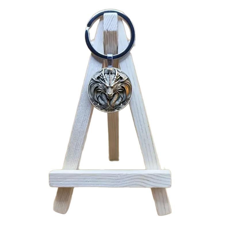 Silver Dragon Head Keyring Alloy Circular Souvenir For Special Occasions And Gifts