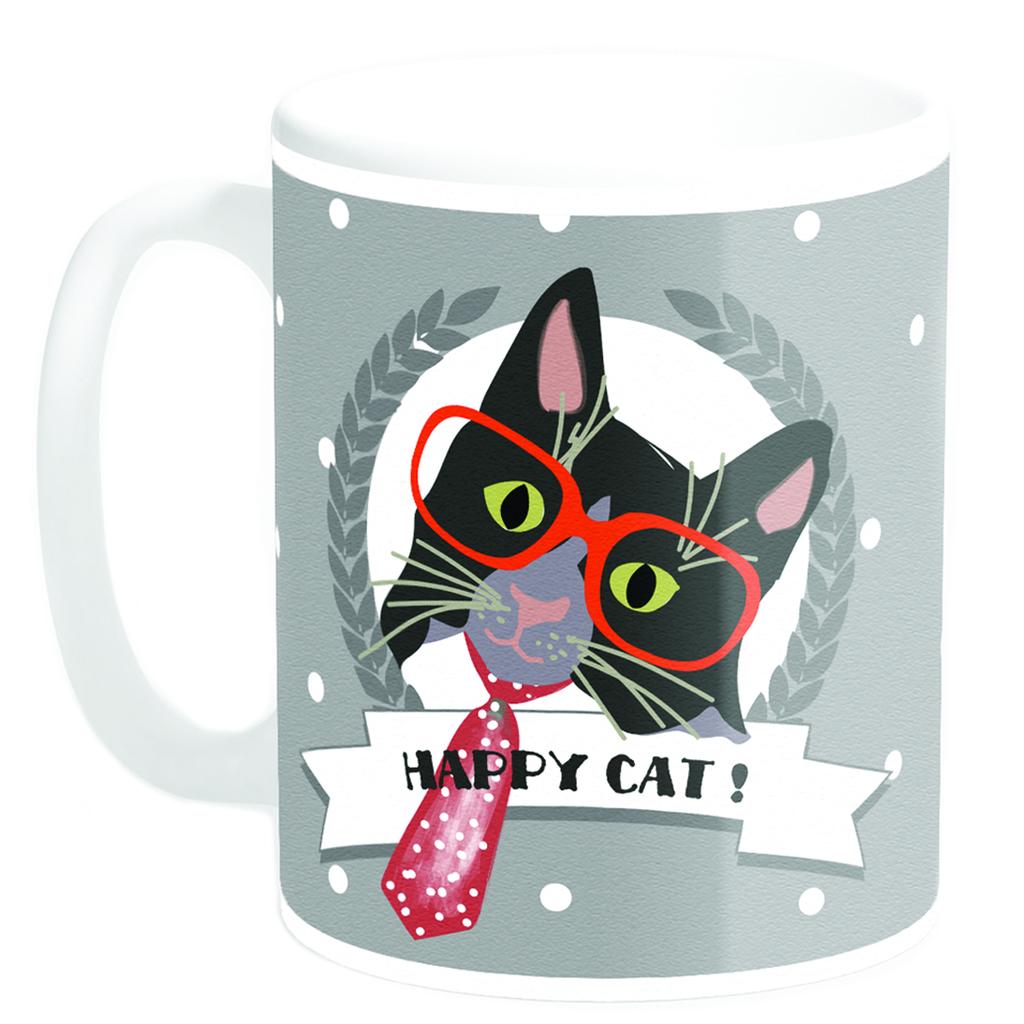 Les Trésors De Lily [Q3381] - Ceramic Mug 'Happy Cat! ' Tie (Made In France) - 9. 5x8 Cm