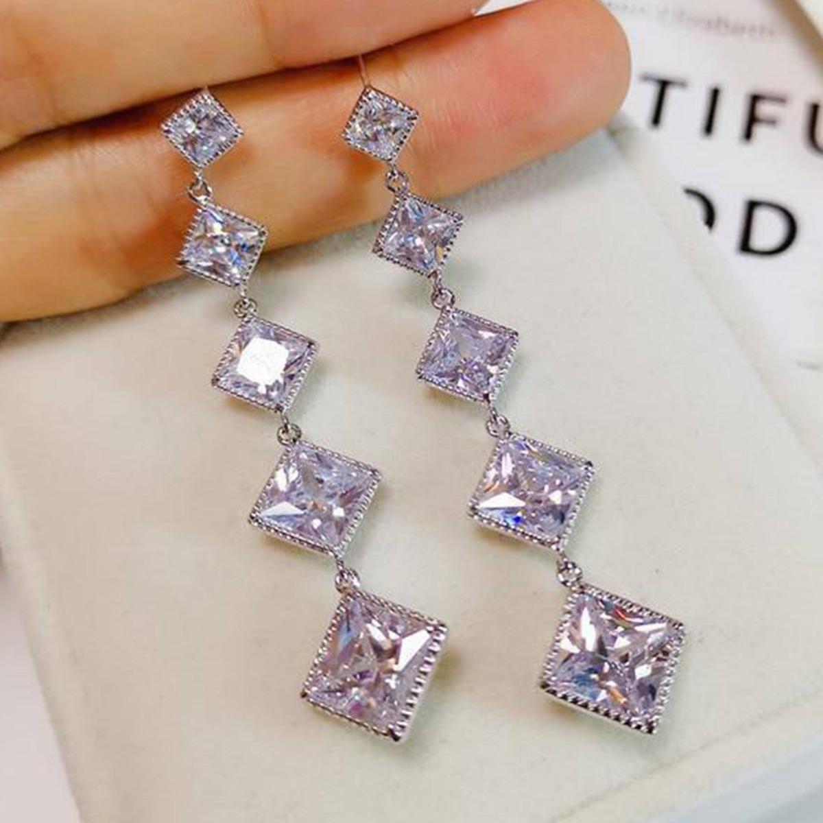 Sparkling Square CZ Linear Drop Earrings, Elegant Long Tassel Earrings for Women
