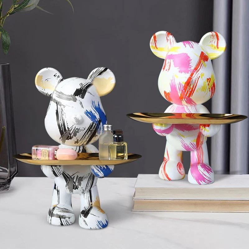 Creative Home Accessories Graffiti Bear Figurine Animal Statue Keys Storage Shelf Modern Room Sculpture Table Decor Statues