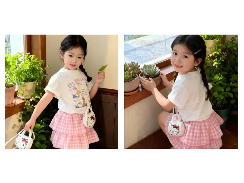 2025 Korean Summer Cute Cat Print Short Sleeve Plaid Skirt Set