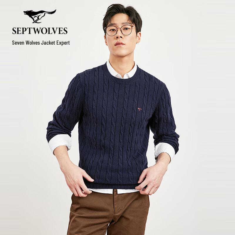 SEPTWOLVES Men's Round Neck Cable Knit Thick Wool Sweater