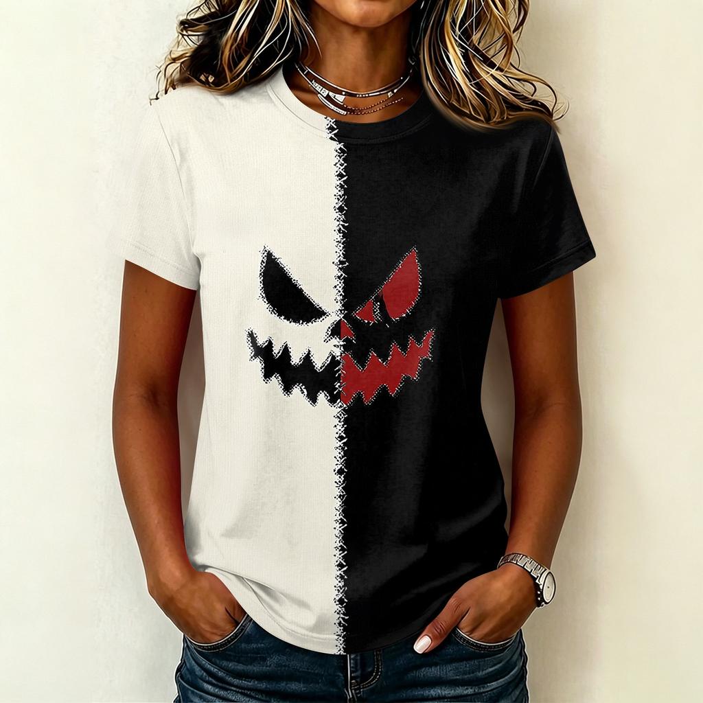 Women's Short Sleeve Round Neck T-Shirt with Halloween Print Pullover Casual Top for Party