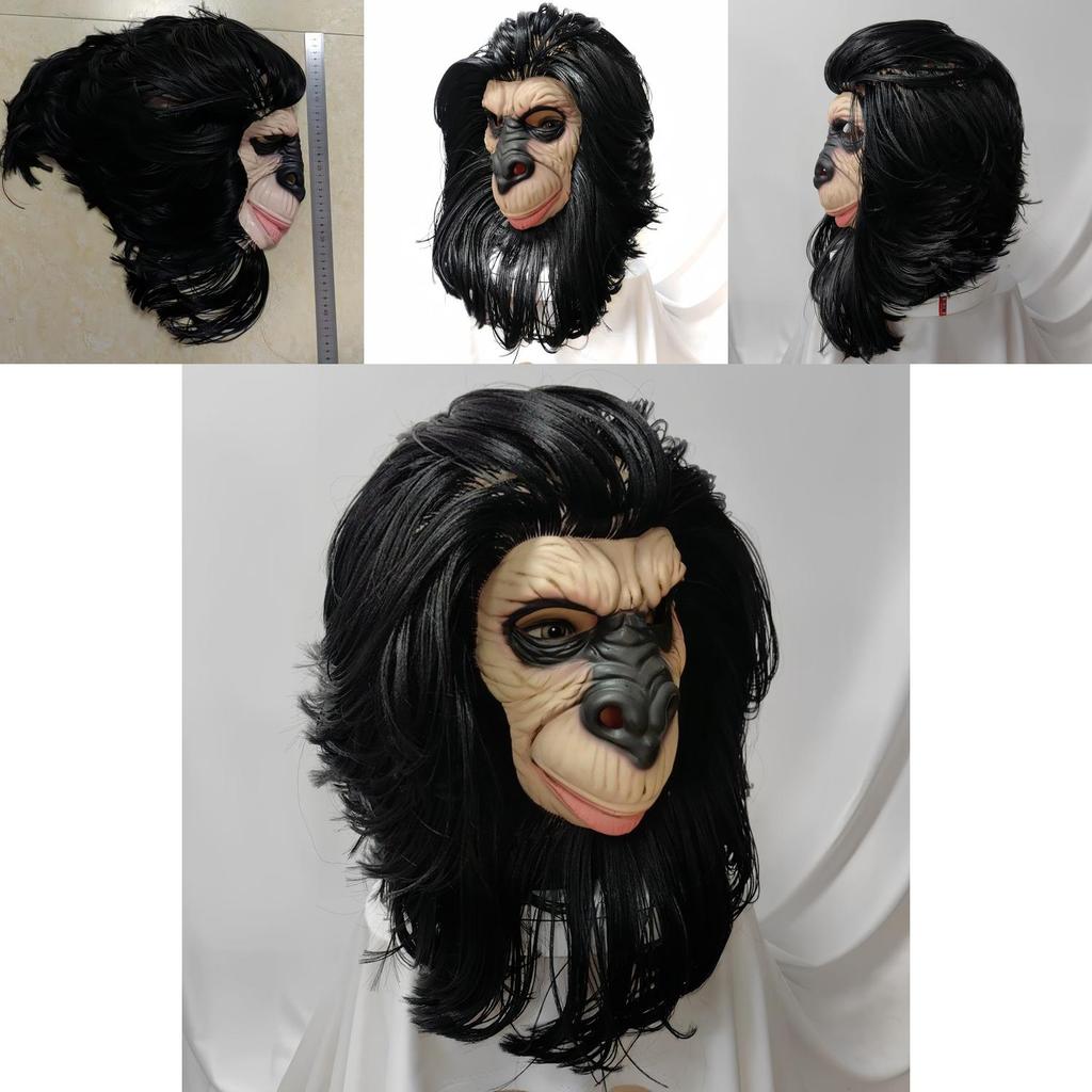Latex Schwarzes Langes Haar Affenkopfmaske Für Halloween-Kostüme Und Party-Rollenspiel