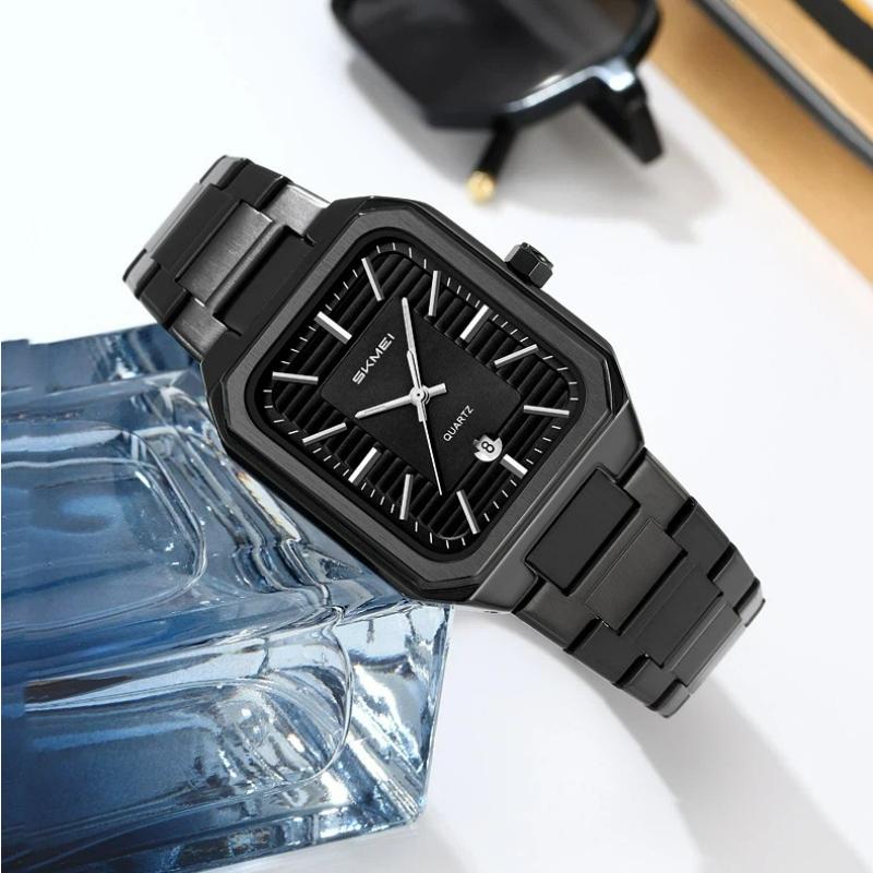 SKMEI Luxury Business Square Quartz Watches Classic Stripe Design Dial with Stainless Steel Band Wristwatch for Men