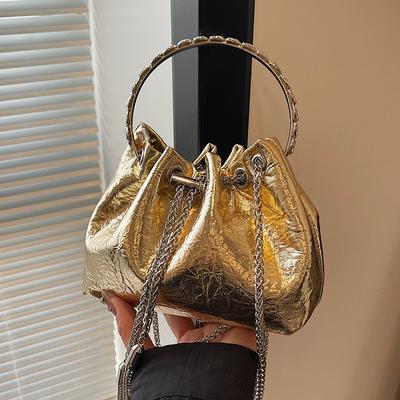 Silver Drawstring Design Chains Crossbody Bag Women Summer Fashion Bucket Bag New PU Leather Lady Mini Handbag