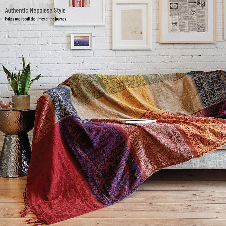 All-Season Chenille Nepali Ethnic Sofa Throw Blanket Shawl Tapestry