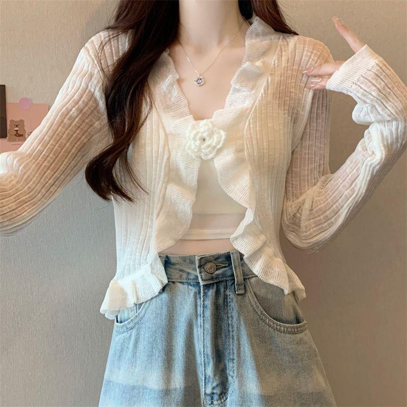 

Women s Summer 3D Flower Breathable Long Sleeve Sun Protection Clothing Knit Cardigan Unique Exquisite Coat Top One size білий