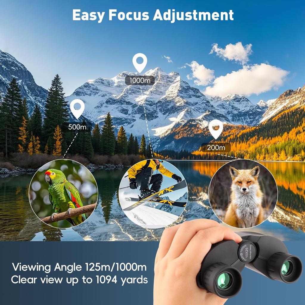 FOCUHUNTER 10x25 Compact Binoculars with Case and Focus BAK9 Prism for Adults and Children Wheel, Multi-Coated Telescope, Waterproof, Birdwatching,
