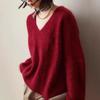 Women's High-End French V-Neck Sweater – Soft, Long-Sleeved, Solid Color Knitwear for Autumn & Winter, Loose Fit, Trendy Style.
