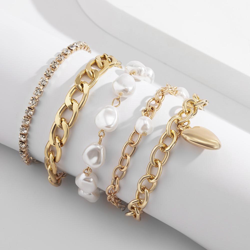 5pcs Set Temperament Baroque Imitation Pearl Shiny Square Rhinestone Chain Heart Shape Pendant Bracelet for Women Jewelry Sets