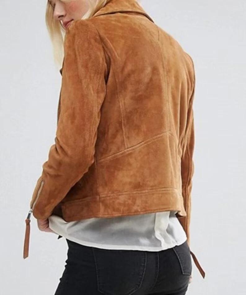 Designer Handmade Genuine Suede Leather Jacket Women's Brown Motorcycle Biker Casual