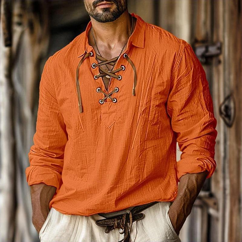 Spring and Summer Men's Cotton and Linen Lapel Loose Shirt Pullover V-neck Tether Long-sleeved Shirt