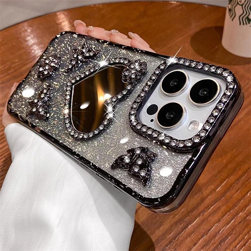 

М яка силіконова прозора накладка з блискучим діамантом і серцем для макіяжу для iPhone 16 Pro Max 15 11 12 13 14 Plus Butterfly iPhone 15 чорний