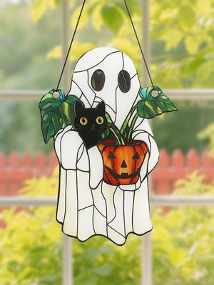 Weißer Halloween-Geist Fensterhänger Acryl Schwarze Katze & Kürbisförmiger Blumentopf Raumhänger für Haus & Garten Wanddeko Geschenk