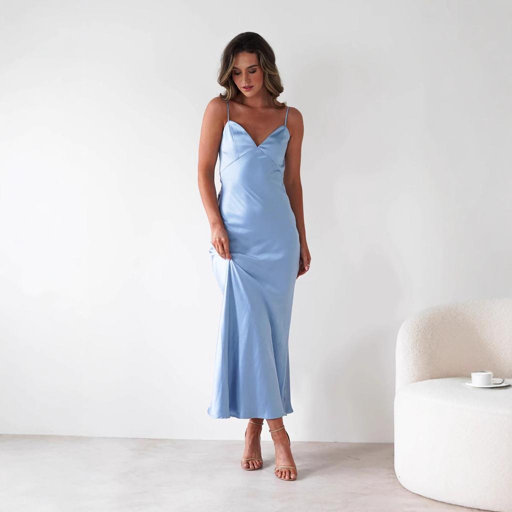 A New Style of Dress with Strappy Satin Finish, A Fashionable Backless Strappy Cinched-waist Dress