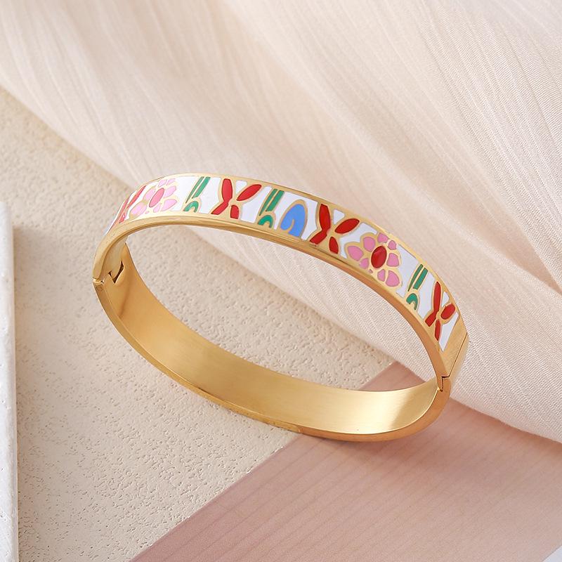 European and American Bestseller: 18K Gold Plated Titanium Steel Enamel Bracelet - Women’s Colorful Drip Oil Light Luxury Jewelry.