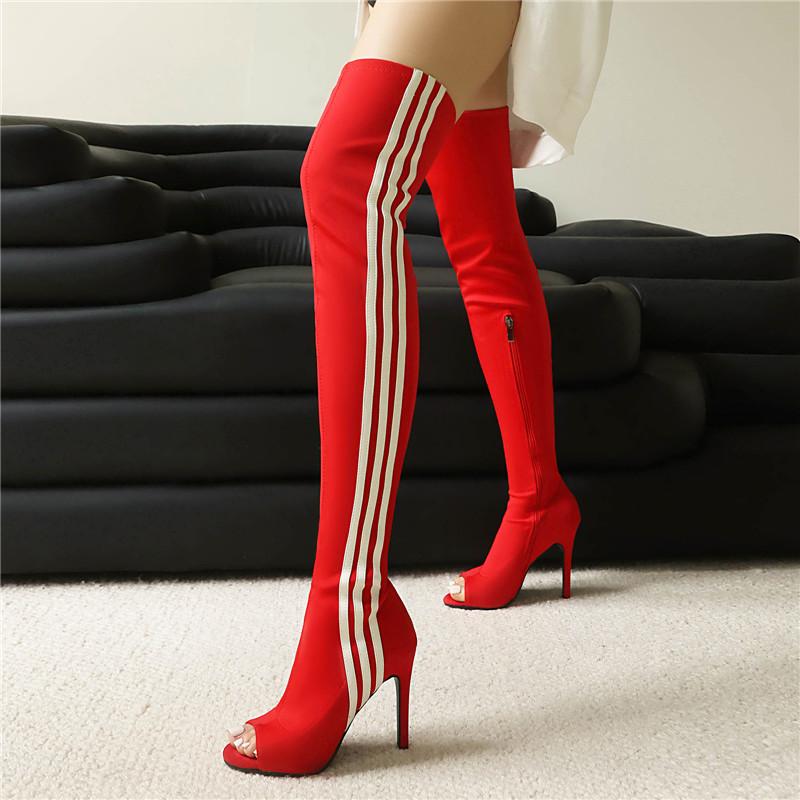 Damen-Stiefel mit hohen Absätzen, sexy europäischer und amerikanischer Stil, hochhackige Überknie-Stiefel mit offenen Zehen in großen Größen.