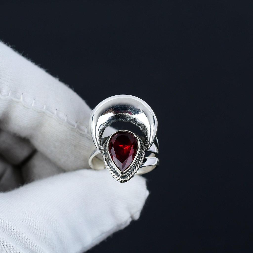 Red Garnet January Birthstone Adjustable 925 Sterling Silver Ring - Fits US Sizes 6 To 10 - Handmade Boho Jewelry for Women & Men, Valentine Gifts