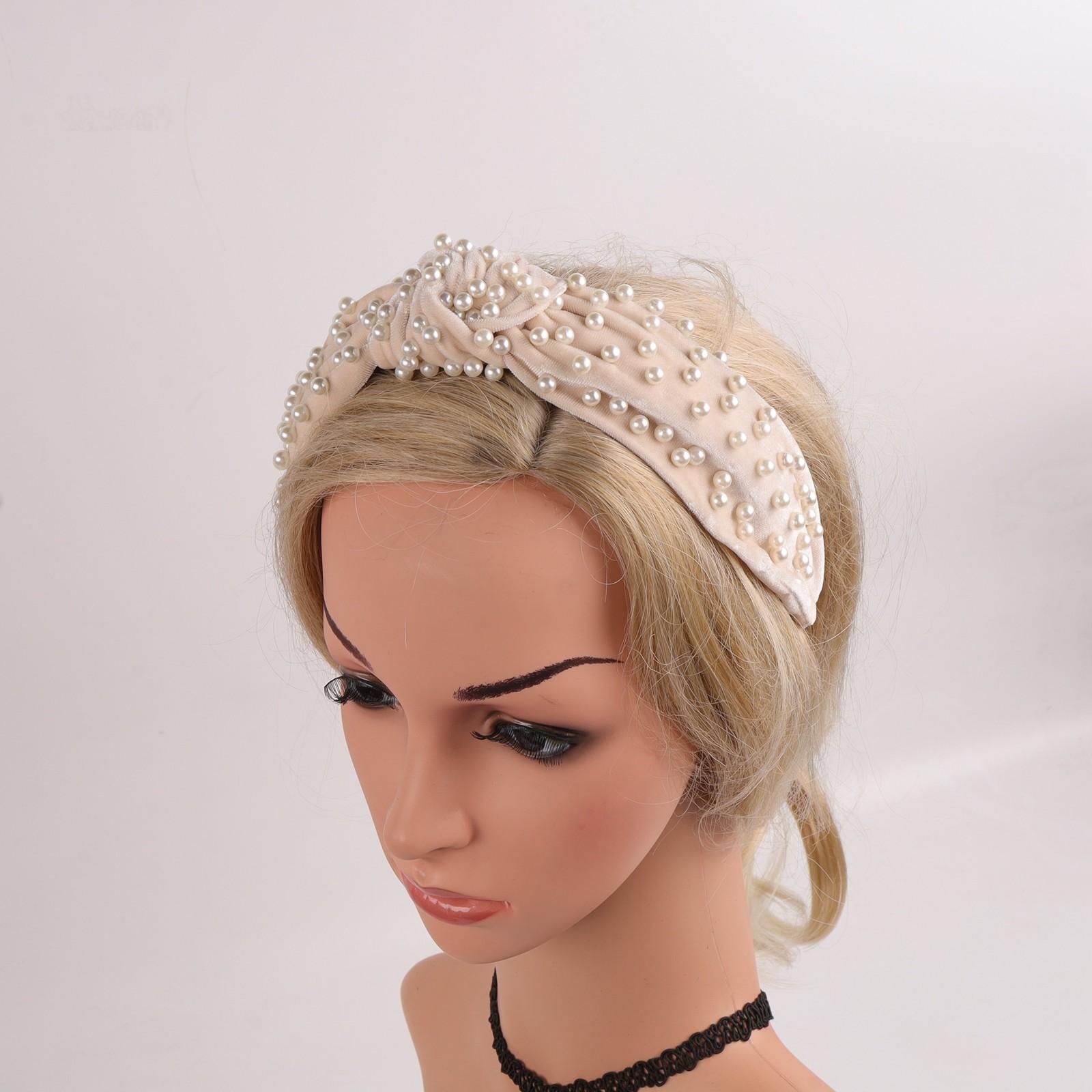 

Повязки на голову с жемчугом и крестом для женщин и девочек, однотонные широкие бусины, тюрбаны для волос белый