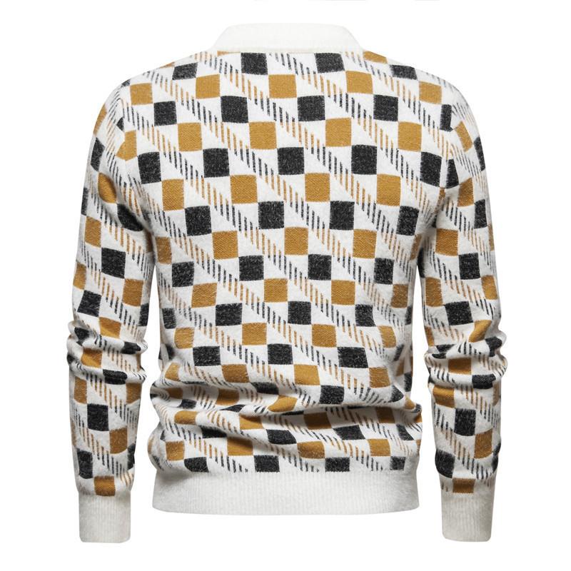 Heißer Verkauf in Europa und Amerika, Mohair Herren Warmer Langarm Mosaik Jacquard Pullover Farblich passender Rundhals Strickpullover