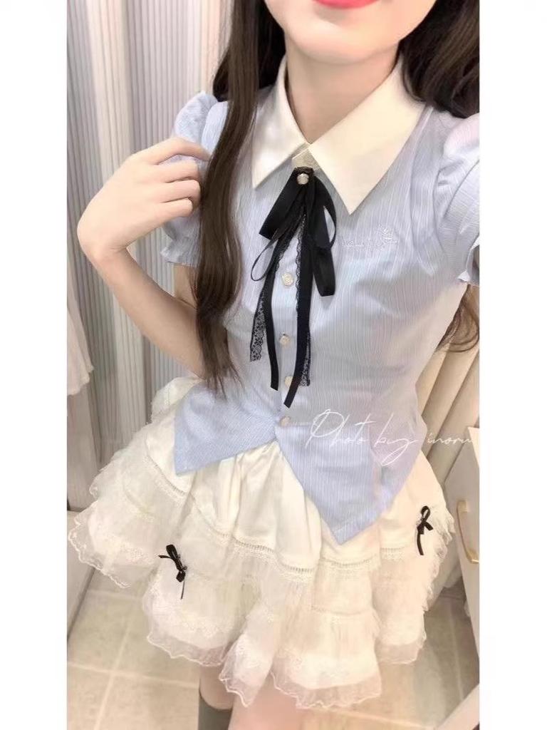 Koreanischer Stil Altersreduzierendes Polo-Kragen-Oberteil & High-Waist Flauschiger Rock Set