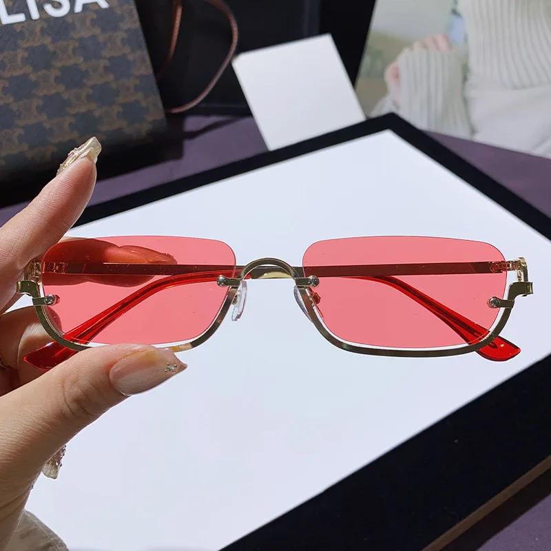 Metal Half Frame Women'S Sunglasses Rectangle Shape Semi-Rimless Sun Glasses Men Uv Protection Retro Punk  Shades Uv400