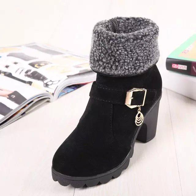 

Зимние сапоги на высоком каблуке, теплые плюшевые квадратные каблуки, зимняя обувь, женские сапоги, женские модные брендовые ботильоны для снега 2024 5